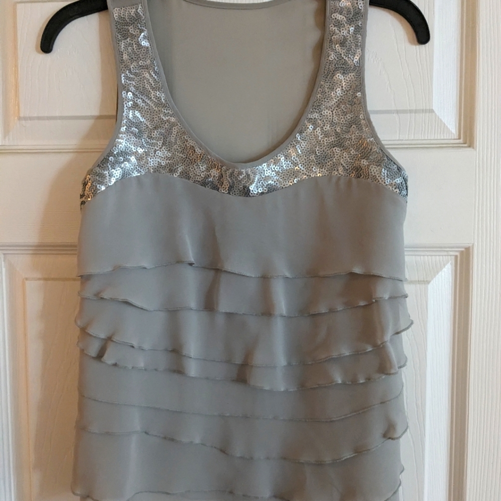 Silk and sequin ruffle silver tank